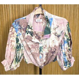 S/W/F Tie-Dye Linen Cropped Blouse S Designer Balloon Sleeves Buttons